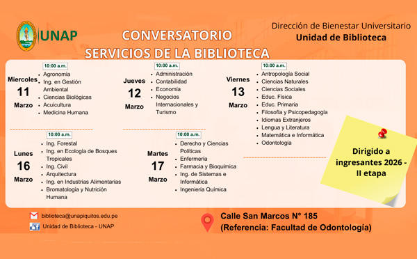 Flyer de invitación al Conversatorio de los servicios de biblioteca para estudiantes 2026 – II Fase
