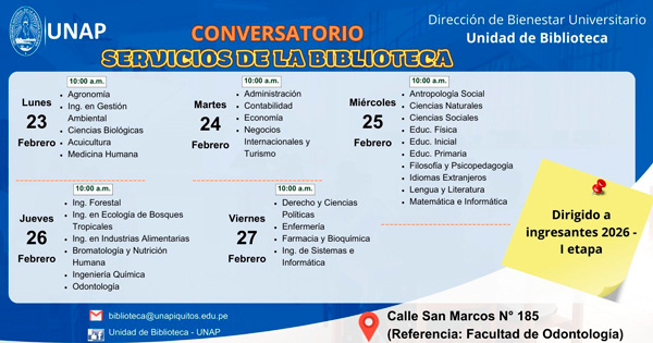 Flyer de invitación al Conversatorio de los servicios de biblioteca para estudiantes 2026 – I Fase