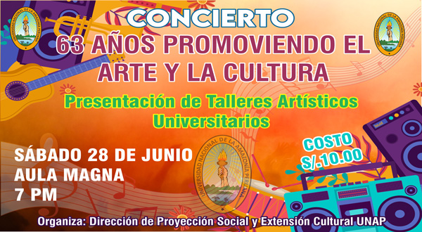 Afiche de invitación a concierto Concierto: 63 años promoviendo el arte y la cultura donde se presentaran talleres artisticos universitarios